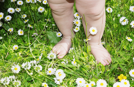 little girl playing in the garden on a sunny day. carefree childhoodの写真素材