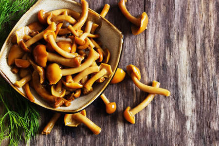delicious marinated mushrooms in a bowl on the old wooden background. top view. copy space backgroundの写真素材