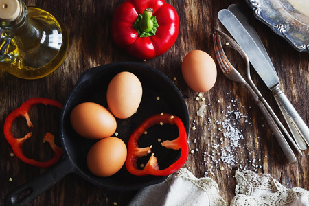 Ingredients for fried eggs. View from above. Culinary conceptの写真素材