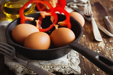 Prepared ingredients for cooking eggs.  Culinary concept. Selective focus. Breakfast ideaの写真素材