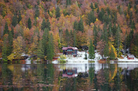 Autumn alps forest of pines and cozy house in day light reflected in calm waters of lake.