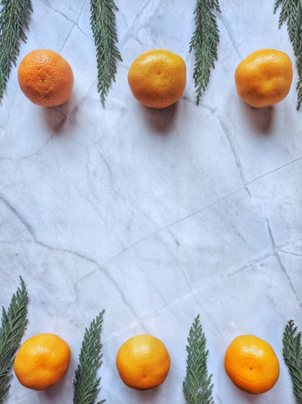 Festive white background. The spruce branch is green. Mandarins. Winter postcard. Christmas card. Flat lay, place for text.の写真素材