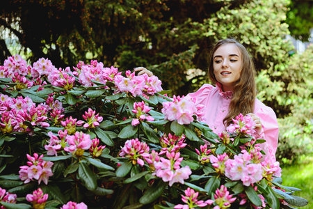 Portrait of young attractive woman in spring garden with blooming pink flowers. Spring background. Woman's Day. Greeting card.の写真素材