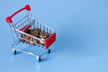 Mini shopping grocery push cart with euro banknotes, money on blue background. Business, finance concept. Concept of shopping. Economy concept.の写真素材