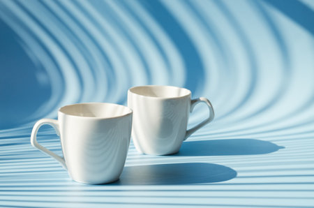 Cups of hot black coffee, tea on blue background. Top view, copy space, mockup. flat lay. Modern breakfast food.の写真素材