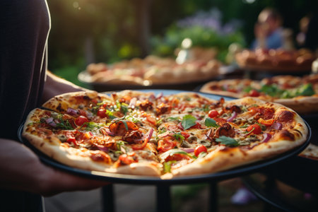 Delicious pizza in the hands of a man. Italian cuisine.の素材