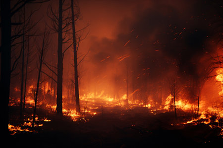 Forest fire at night. Burning dry trees and grass in the foreground.の素材