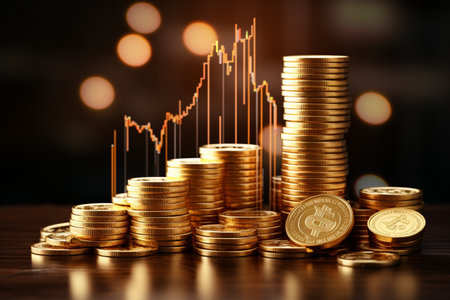 Stack of gold coins with graph and bokeh background, business and financial conceptの素材