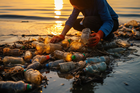 Volunteer picking up plastic bottles from the sea at sunset.の素材