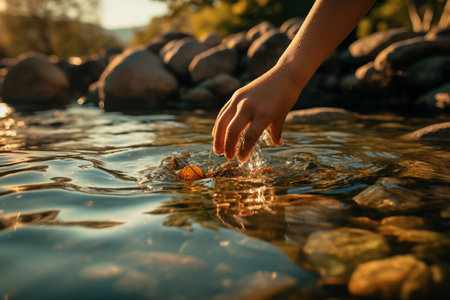 A child's hand catches fish in the river. Selective focus. nature.の素材