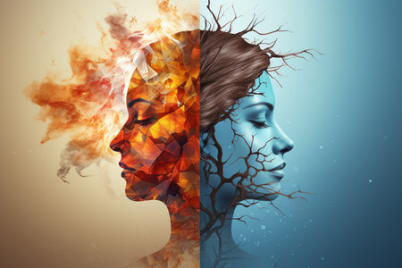 Conceptual image with human head and brain made of fire flamesの素材