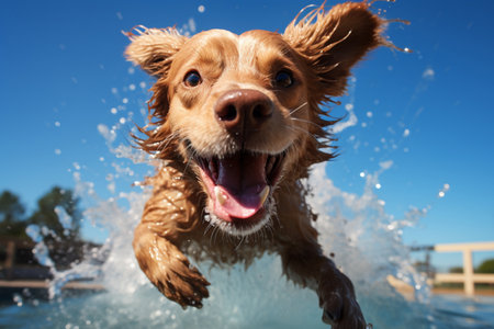 Cocker Spaniel jumping into a swimming pool and splashing waterの素材