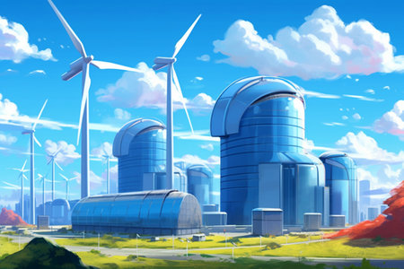 Renewable Energy and Wind Turbines on a Blue Sky Backgroundの素材