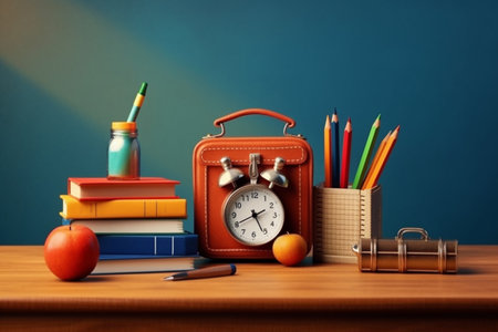 Back to school concept with alarm clock, books, pencils and appleの素材