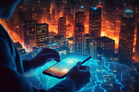 Double exposure of businesswoman using mobile smart phone in modern city at nightの素材