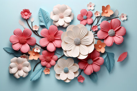 Paper flowers on blue background, 3d rendering. Computer digital drawing.の素材