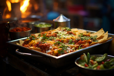 Traditional mexican nachos with meat, cheese and vegetablesの素材