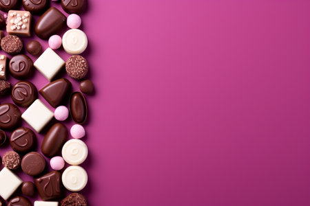Assorted chocolates on pink background. Top view with copy spaceの素材