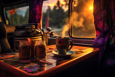 A cup of coffee on the table in the car at sunset.の素材