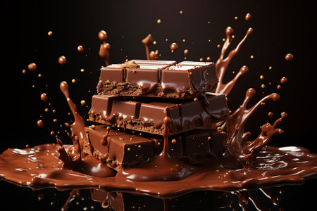 Chocolate with splashes and drops of chocolate on a black backgroundの素材