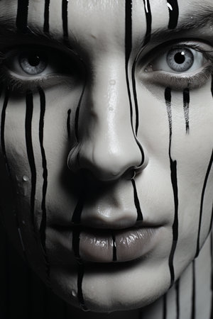 Close-up portrait of a beautiful woman with tears on her faceの素材