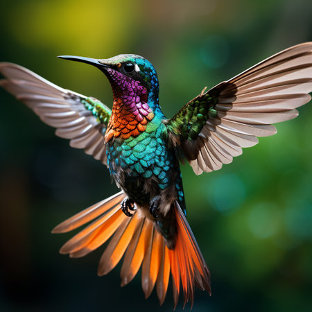 Colorful hummingbird in flight with outstretched wings. Wildlife scene from tropic jungle. Hummingbird in flight with outstretched wings. Wildlife scene from tropic nature.の素材