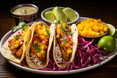 Mexican tacos with coleslaw, red cabbage, mango and salsaの素材