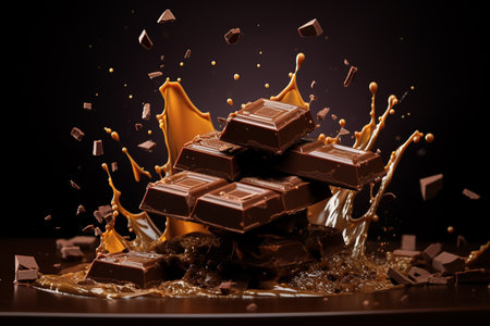 Milk chocolate splashing with pieces of chocolate on a black backgroundの素材