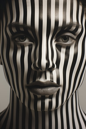 Artistic portrait of a woman with black and white stripes on her faceの素材