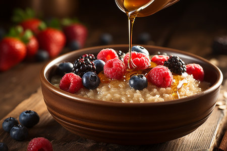 Oatmeal porridge with fresh berries and honey on wooden background. Generative AIの素材