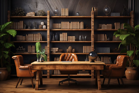 Wooden library interior with bookshelf and armchairs. 3d renderの素材