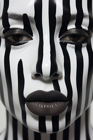 Woman face with black and white stripes on her face. zebra skin texture. close-up portrait in the style of carlos cruz - diez. Creative artの素材