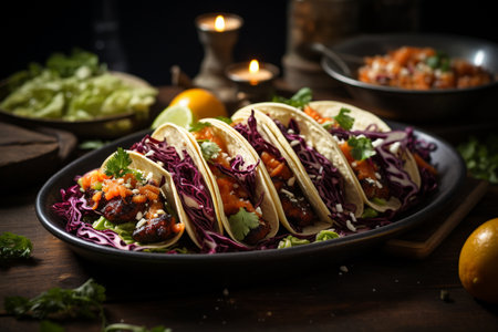 Traditional mexican tacos with beef, red cabbage and salsa.の素材