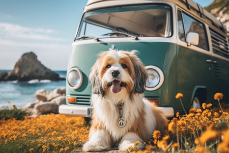 Portrait of a beautiful dog on the background of a campervanの素材