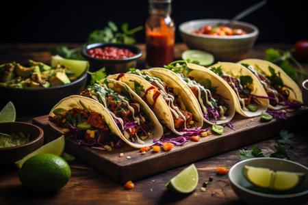 Mexican tacos with vegetables and guacamole on wooden backgroundの素材