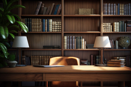 Bookshelf with books and a table lamp. 3d rendering. Business office concept. Interior designの素材