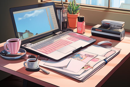 Workplace with laptop, coffee cup and documents in day in sunny light. 3d illustration. Generative AIの素材