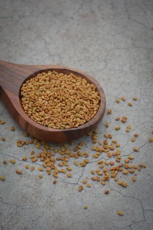 Fenugreek seeds in wooden spoon on cracked concrete texture backgroundの写真素材
