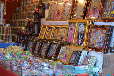 MAIHAR, MADHYA PRADESH, INDIA - DECEMBER 22, 2019: indian temple religious shop near sharda temple at district Satna Maihar in India.のeditorial素材