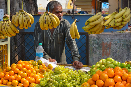 ORCHHA, MADHYA PRADESH, INDIA - MARCH 05, 2020: Unidentified vendor selling fruits on roadside in...