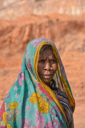 TIKAMGARH, MADHYA PRADESH, INDIA - FEBRUARY 09, 2020: A portrait of old unidentified indian woman at her village, An Indian rural scene.のeditorial素材