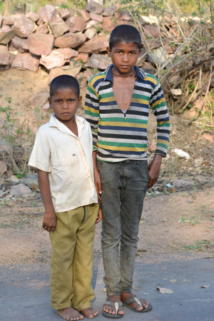 TIKAMGARH, MADHYA PRADESH, INDIA - MARCH 24, 2020: Happy rural Indian village boys.のeditorial素材