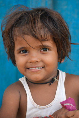 TIKAMGARH, MADHYA PRADESH, INDIA - SEPTEMBER 14, 2020: Portrait of a happy smiling child girl.のeditorial素材