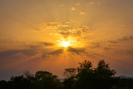 Sunset with sun rays. Amazing summer sunset as a background.の写真素材