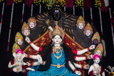 A beautiful idol of Maa Durga being worshipped at a pandal during Navratri. Navratri is biggest religious festival of Hinduismの写真素材