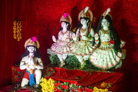Idol of goddess lord Rama, Lakshmana, Sita and Hanuman during navratri festivalの写真素材
