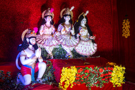 Idol of goddess lord Rama, Lakshmana, Sita and Hanuman during navratri festivalの写真素材