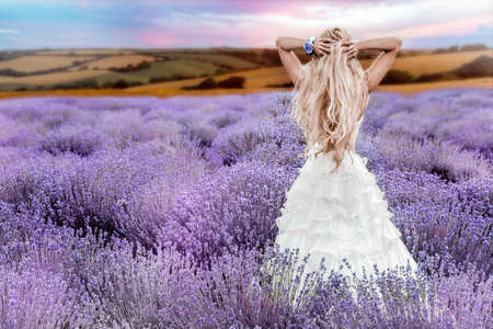Beautiful Bride in wedding day in lavender field. Newlywed woman in lavender flowers. Young woman in wedding dress outdoors.の写真素材