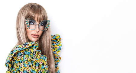 Fashion photo of young beautiful lady in sunglasses. Sunglasses fashion concept. Summer vibes.の写真素材