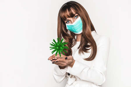 Woman in mask with 3d Coronavirus covid-19. Virus and smog concept.の写真素材